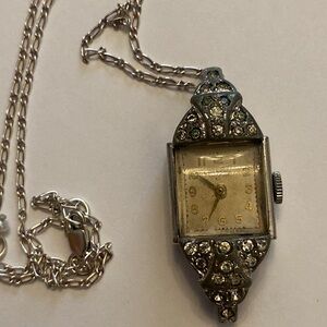 Vtg 1930s ROTARY 15 Jewels Clear Paste Stones / Custom Antique watch necklace